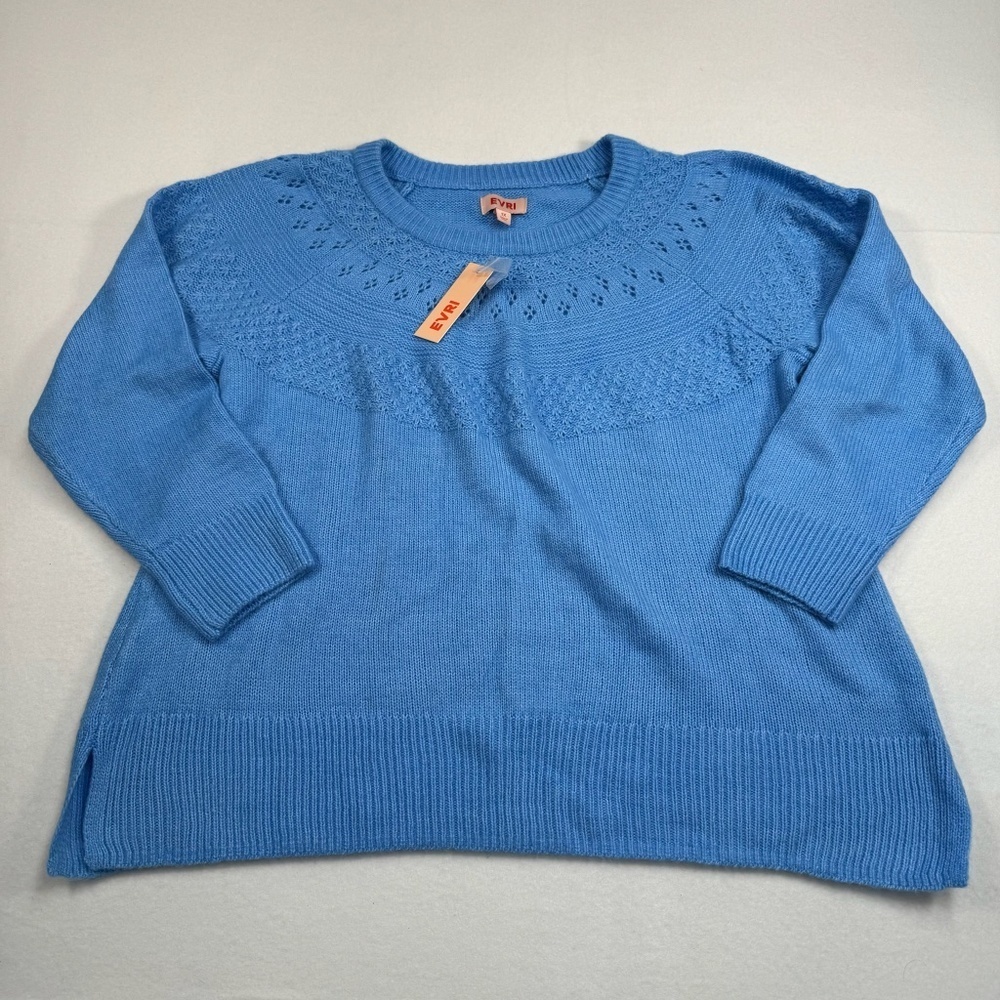 Evri Crew Neck Pointelle Sweater Womens Plus SZ 1X Gentana Blue Long Sleeve NWT